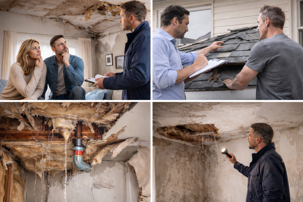 Alt Text: Collage showing homeowners speaking with a public adjuster, roof inspection in progress, exposed burst pipe causing ceiling water damage, and an adjuster examining interior structural damage inside a home