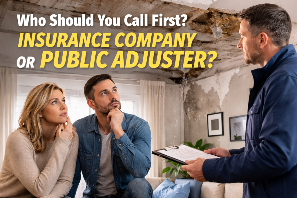 Homeowners speaking with a public adjuster inside a water damaged living room with visible ceiling and wall damage while discussing an insurance claim decision