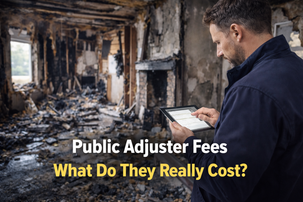 Public adjuster reviewing property damage estimate on a tablet inside a severely fire damaged home with charred walls and debris throughout the interior