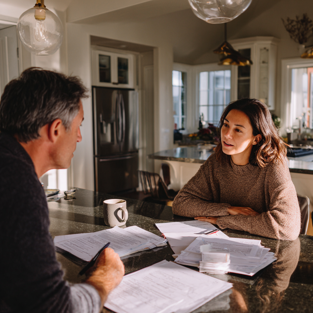 Public adjuster reviewing insurance claim documents with a Pennsylvania homeowner at a kitchen table