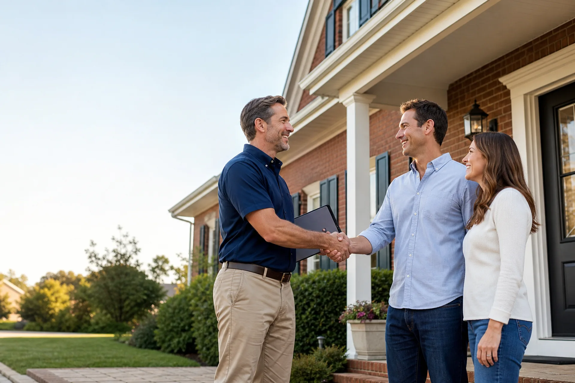 Keystone Adjusting public adjuster shaking hands with homeowners in front of their home